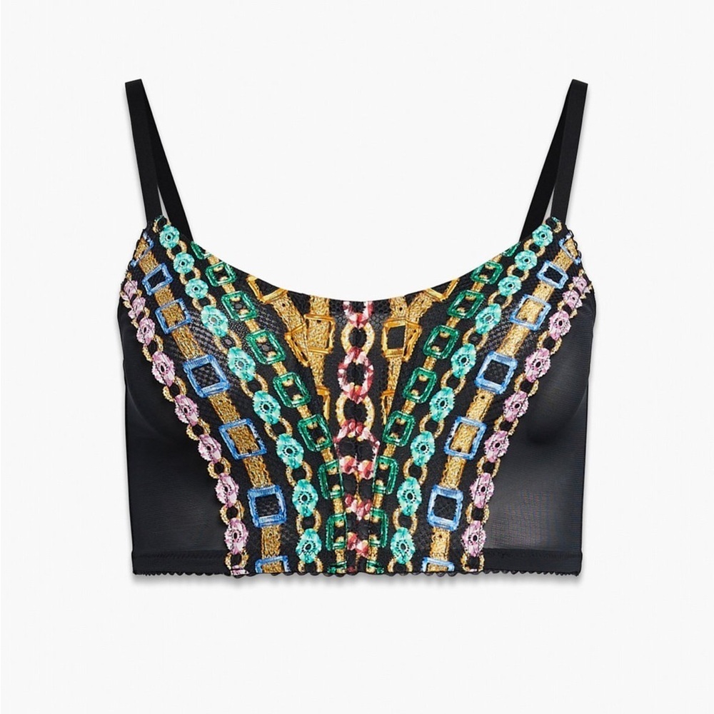 Festival Rave Savage X Fenty Corset Top BLACK CAVIAR CHAINED IN LACE EMBROIDERY